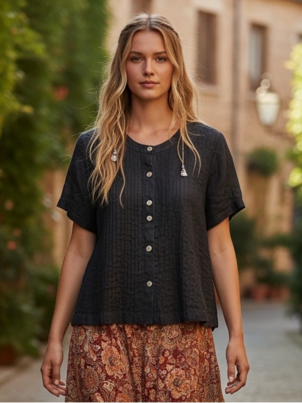 ORVIS -VINTAGE 80s/90 Linen Crinkle Short Sleeve Button Top - Size XL